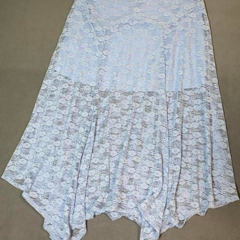 NWOT! Lace Stretch Maxi Midi Skirt Handkerchief Hem blue - Picture 7 of 7